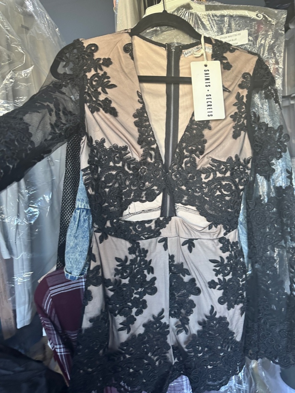 Saints + Secrets Black Lace Appliqué Dress on Nude Lining
